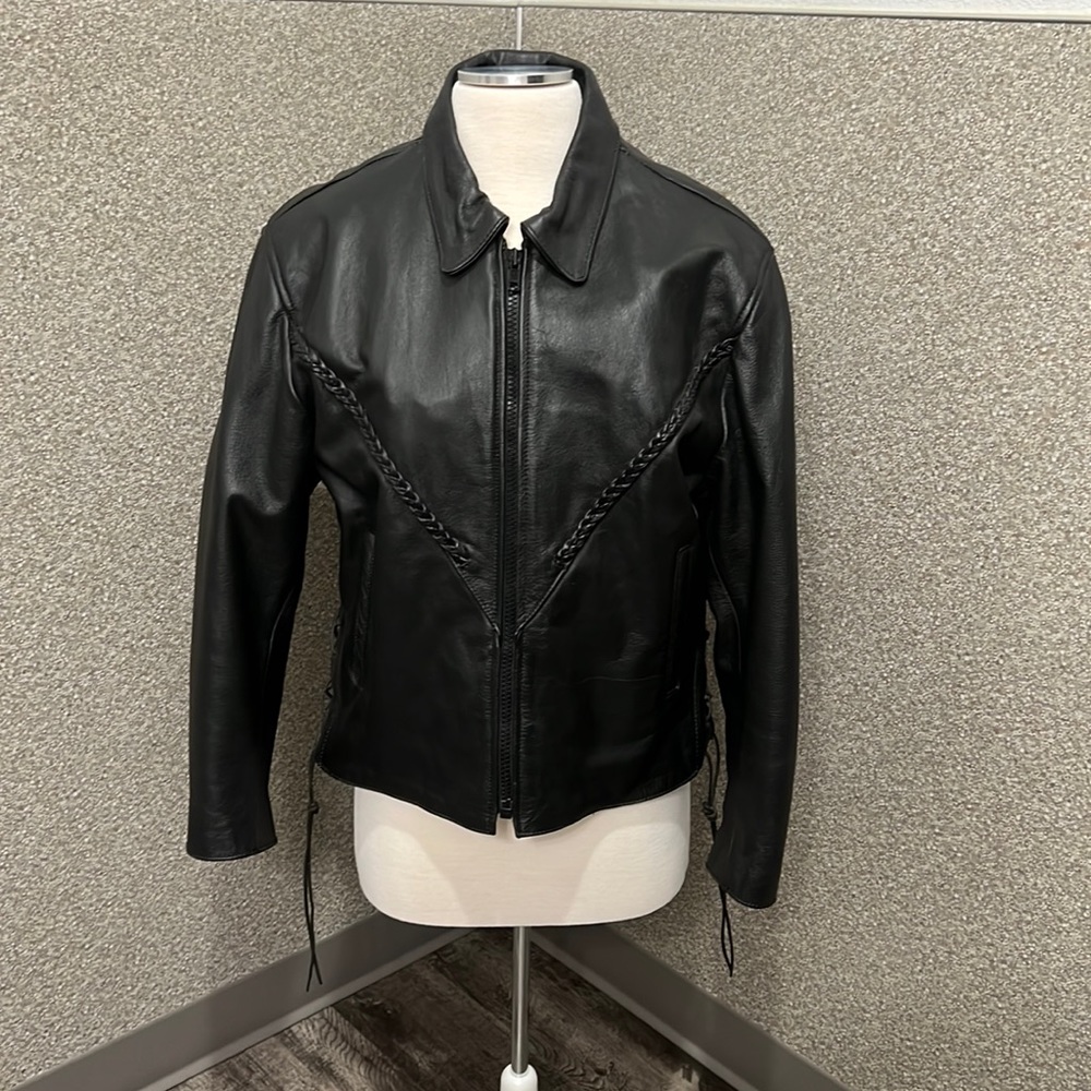 Women’s Interstate Leather Braid Trim Black Motorcycle Riding Jacket Size L